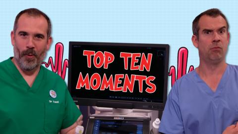 Dr Xand and Chris sat with a monitor with the title 'Top Ten Moments'