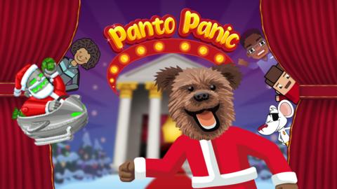 Hacker and various other C鶹 characters peek out behind a curtain in the Christmas Panto Panic game.