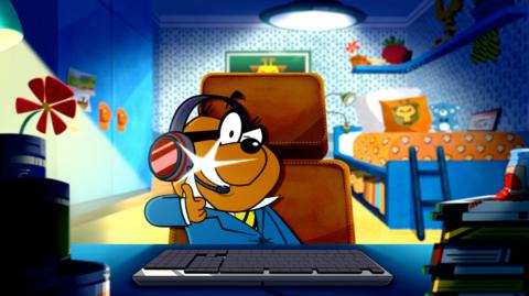 Penfold, a brown cartoon hamster wearing a blue suit and wearing a gaming headset. He is winking and doing a thumbs up.