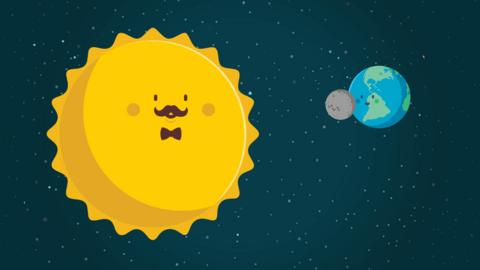 Cartoon of the sun smiling at the moon and earth.