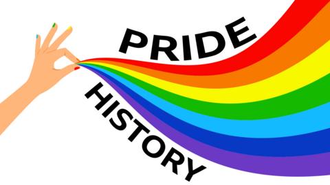 Image includes text that reads 'pride history', with an illustrated hand holding a rainbow of colours.