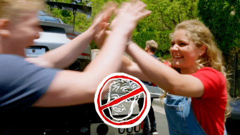 Tilly and her brother Jack high fiving after pranking Gordon