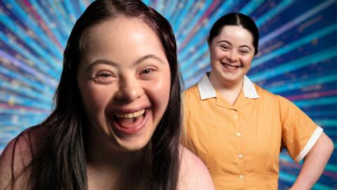 Ellie Goldstein from Strictly Come Dancing 2025, she is smiling brightly, her character Nancy from Malory Towers is next to her in the image.
