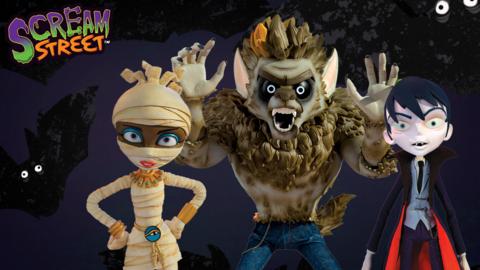 A mummy, werewolf and vampire in front of a dark background.