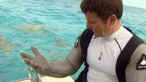 Steve Backshall looking at his gloved hand on a boat.