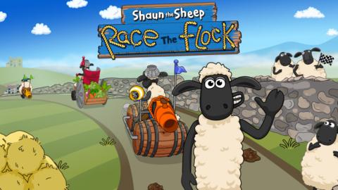 Shaun the sheep waves in the middle of a race track.