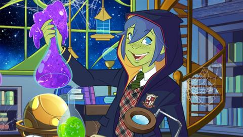 Cartoon game graphics of a green character wearing a blue cloak and holding some purple slime.