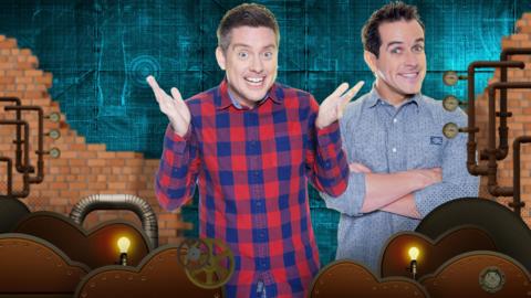 Two men smiling surrounded by cogs and industrial looking pipes (Dick and Dom).