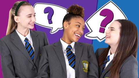 Three girls in school uniforms, Martha, Jas and Lily from So Awkward.