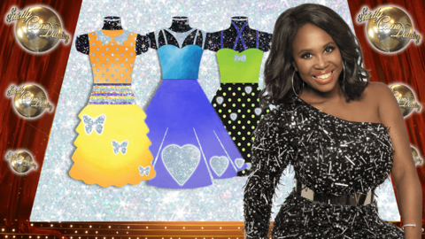 Three glittery dress illustrations with a woman stood in front of them, Motsi Mabuse.