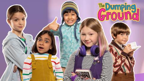 Five characters from The Dumping Ground, from left to right, Fraser, Bonnie, Hugo, Sabrina and Wes, they are all young and dressed colourfully.