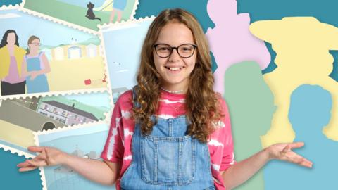 Jess Beaker with a background of postcards from The Beaker Girls, and silhouettes of characters from TBG.
