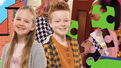 Characters from The Dumping Ground in front of a jigsaw.