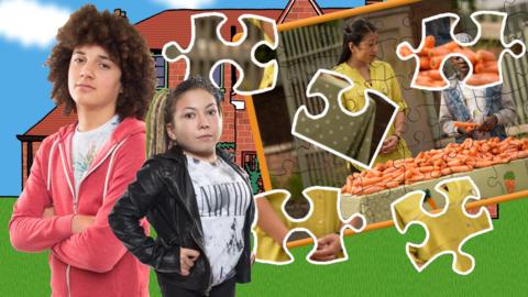 Tyler and Sasha stood in front of a jigsaw with pieces floating around.