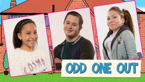 Three characters from The Dumping Ground in front of Ashdene Ridge.