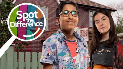 Sid and Bec from The Dumping Ground stood in front of Ashdene Ridge with the Spot the Difference logo