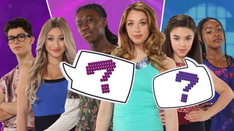 Characters from The Next Step standing in a group with question marks in speech bubbles in front of them.