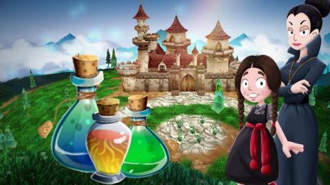 A castle from The Worst Witch Magic Adventure game, with a stern looking teacher (Miss Hardbroom), and girl in school uniform (Mildred Hubble) next to potion bottles.