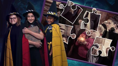 Three girls dressed in cloaks and black pointy hats next to a jigsaw puzzle, Mildred, Enid and Maud from The Worst Witch.