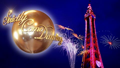 Blackpool Tower at night illuminated with lights and fireworks.