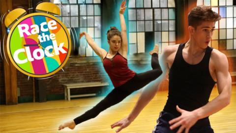 Piper and Noah are dancing in studio A. There is a timer icon with text that reads 'race the clock'.