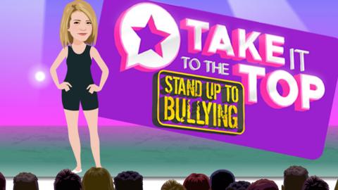 A girl standing on a dance stage (Riley from The Next Step), with Take it to the top Stand up to Bullying logo.