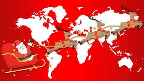 A world map on a red background with Santa in his sleigh with reindeer.