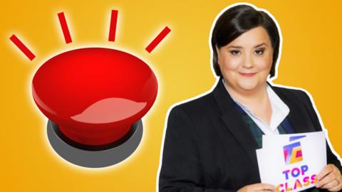 Yellow background with an image of a red buzzer and an image of Susan Calman.