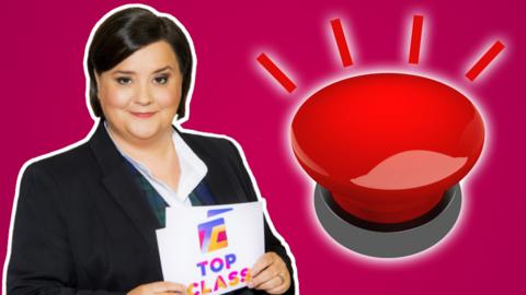 Pink background with an image of a red buzzer and an image of Susan Calman.