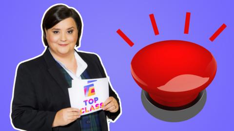 Purple background with image of Susan Calman holding Top Class cards. There is a red buzzer next to her.