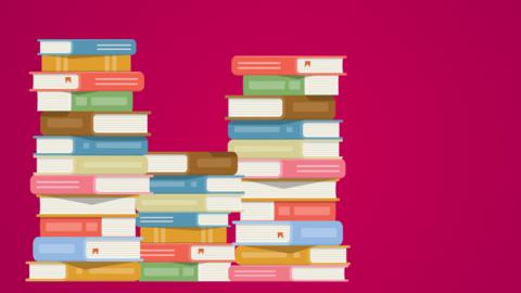 Pink background with illustrations of books stacked up in piles.