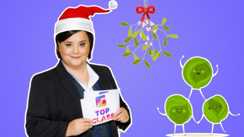 Purple background with text that reads 'christmas'. Image shows Susan Calman with a santa hat on, and an illustration of sprouts with a santa hat on. There is a mistletoe in the centre.