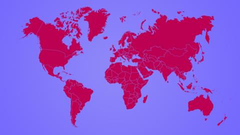 Purple background with map of the world in pink.