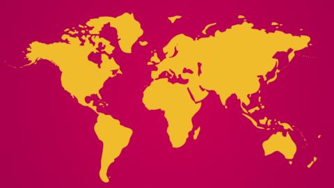 Pink background with world map in yellow.