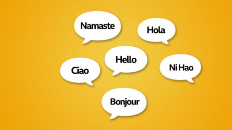 Yellow background with six speech bubbles with 'hello' in various languages.