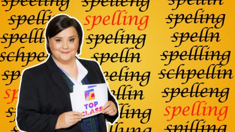 Yellow background with an image of Susan Calman holding some Top Class cue cards. In the background is the word 'spelling' which is written many times and crossed out as it is misspelt.