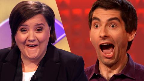 Susan Calman laughing and a man lookign shocked.