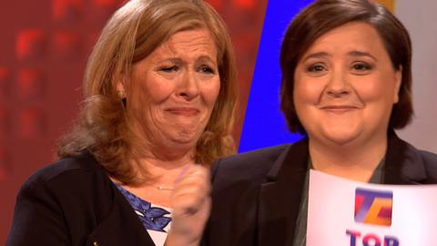 Two ladies (one Susan Calman) looking very confused in the Top Class studio.