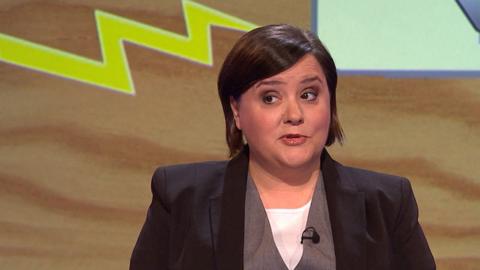 Susan Calman looking quizzical with a lightning bolt behind her.