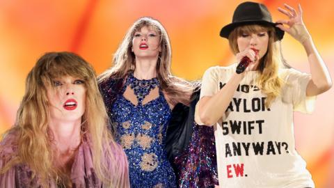 Three images of Taylor Swift, on the left she has curly hair and a dramatic expression, in the middle she is striking a powerful pose, and on the right she is wearing a T Shirt that says "Who's taylor swift anyway?".