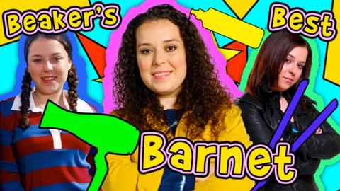 Three images of the same young woman, Tracy Beaker, from different ages. On the left, she has her hair in platts, in the middle curly, long and down to her shoulders and on the right straight and long. Text overlapping says "Beakers Best Barnet"