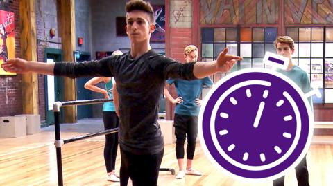 A boy in a dance studio preparing to perform a pirouette, Noah from The Next Step.