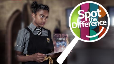 A girl is standing holding a card that reads 'Spellbound'. Text reads 'Spot the difference' with a magnifying icon.