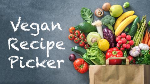 A shopping bag of vegetables that fell over spilling over a chalk board, text reads "vegan recipe picker".