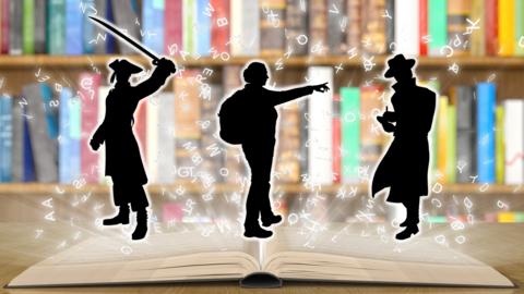 Three silhouettes of characters emerge from a book, showing a pirate, an explorer and a detective.