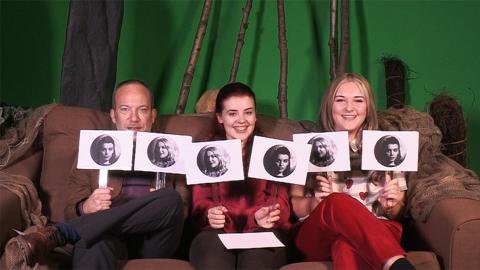 Mark, Leona and Gabrielle (i.e. Mr Jeffries, Jana and Katrina) sit on a brown couch in a green room.