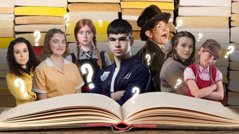 Tracy Beaker, Darrell Rivers, Mildred Hubble, Jamie Johnson, Dodger, Issie from Mystic and Ellen from Princess Mirror Belle stood behind a book