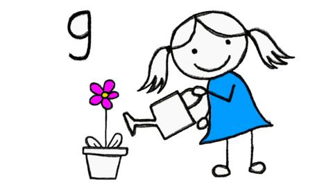 A girl gardening and the letter g