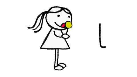 A girl licking a lollipop and the letter l