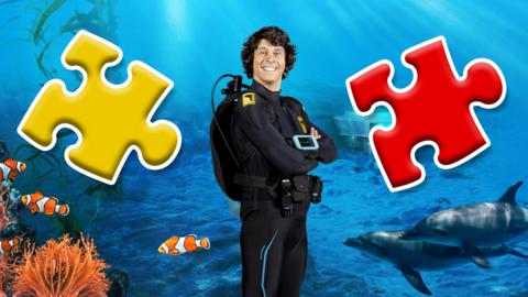 Andy looks happy under the sea with two big jigsaw pieces.